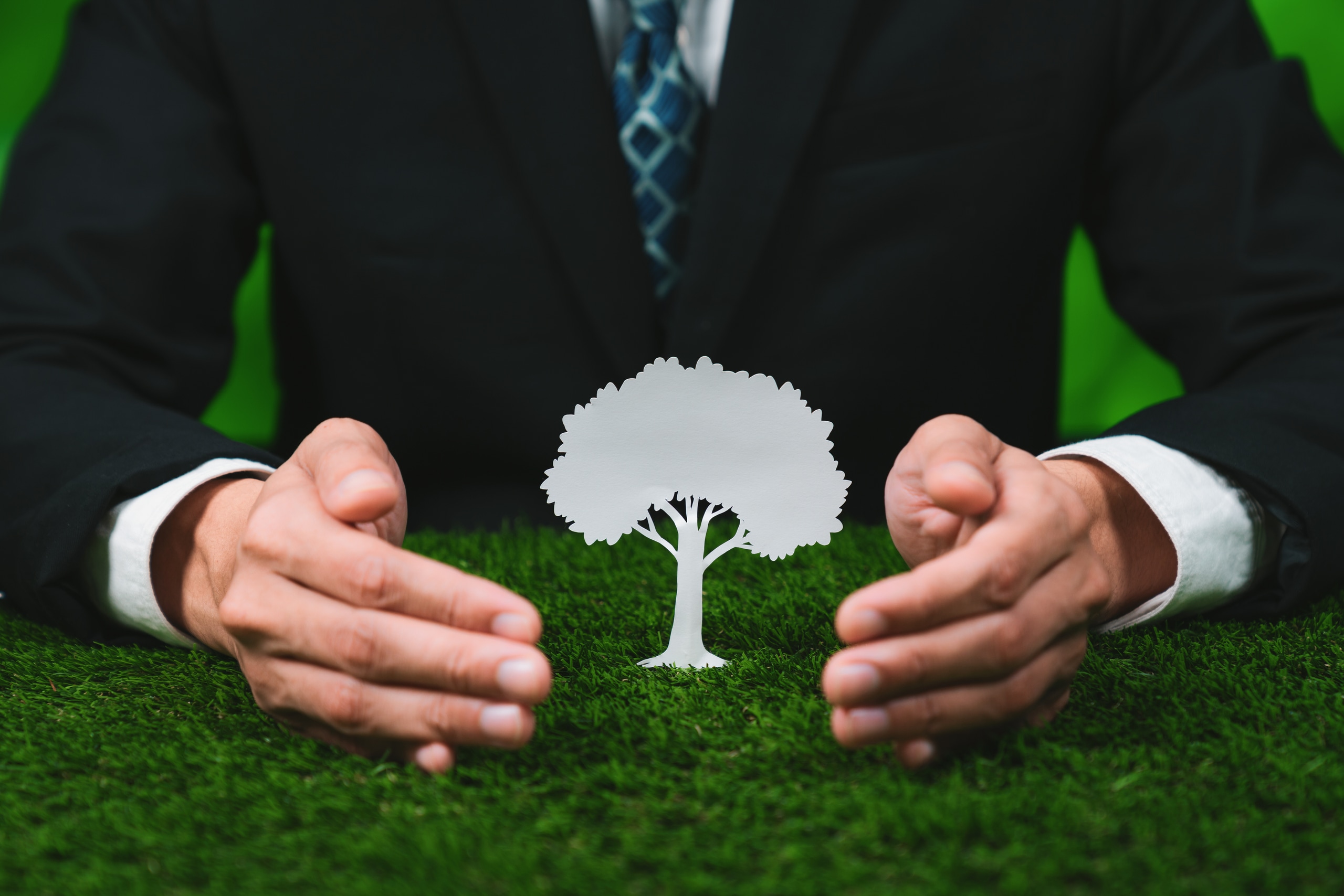 Businessman holding a tree icon symbolizing eco-friendly business