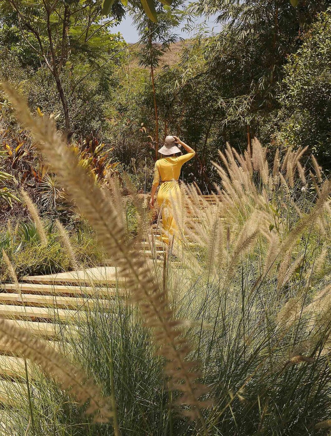 Person walking through a lush landscaped environment