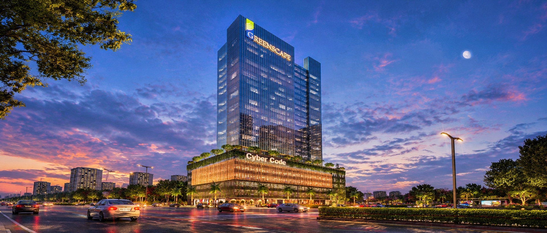 Cyber Code commercial tower at dusk